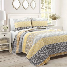 Bohemian Stripe Quilt 3 Piece Set California King, Yellow/Gray - Striped Bedd...