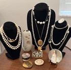 Vintage Large Pearls Costume Jewelry Les Bernard Cabochon Necklace Powder Cases