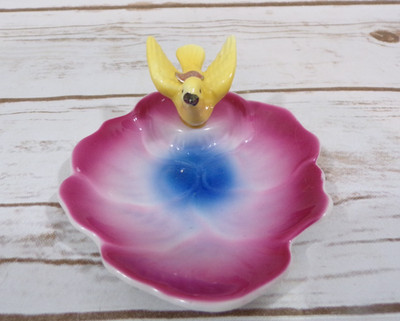 VTG Bone China Porcelain Japan Yellow Bird Pink Blue Flower Trinket Jewelry Dish
