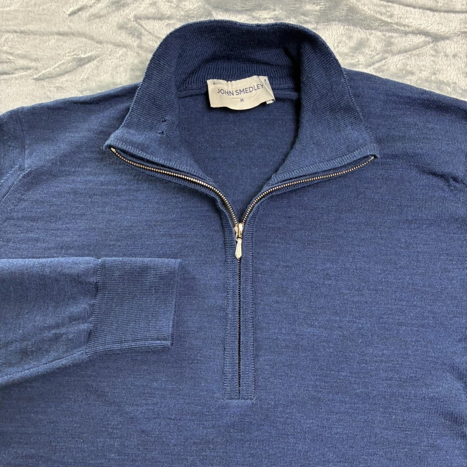 Suéter John Smedley 100% Lana Merino Mediano 1/4 Cremallera Azul Hecho en Gran Bretaña Foto 3 de 4