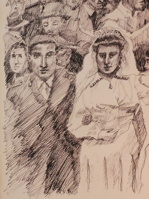 Isreali Wedding Ink Sketch 1974, by D. Blau Leibowitz, Blue Matt, Gold Frame Vtg