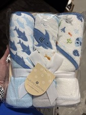 Buttons  Stitches Baby Boy 3 Pack Rolled Soft Hooded Towels Shark Print New