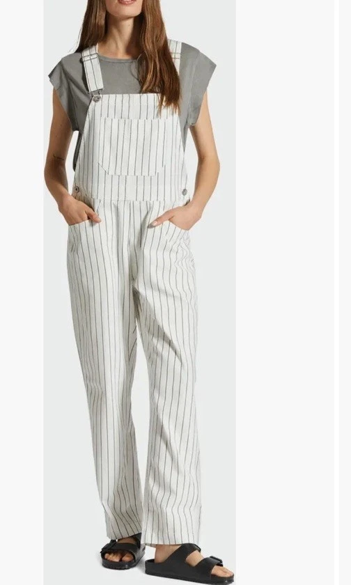 Brixton Costa Stripe Cotton Blend Overalls Women’s Medium Cream Pinstripe R