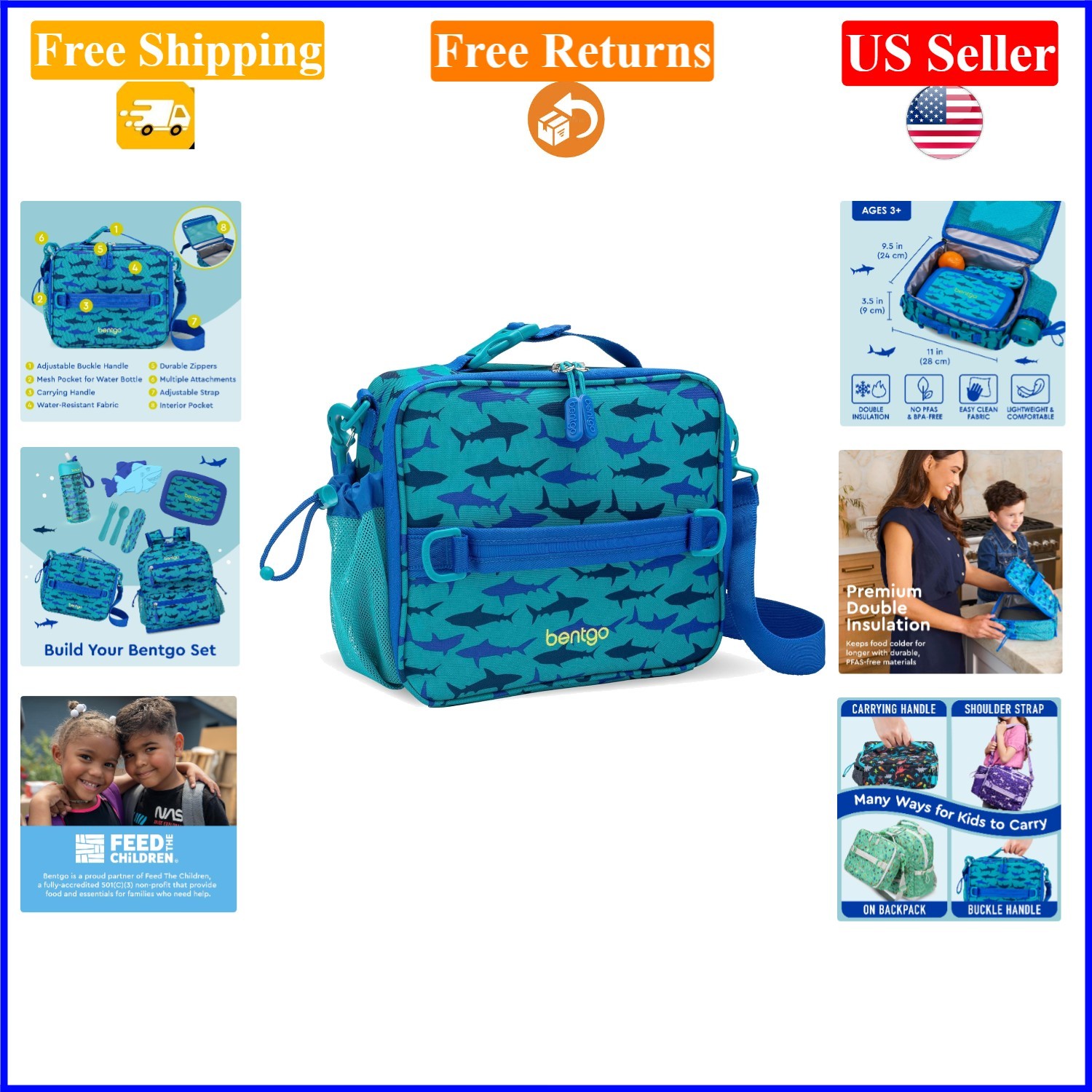 Kids Shark Lunch Bag, Double-Insulated, Water-Resistant, For