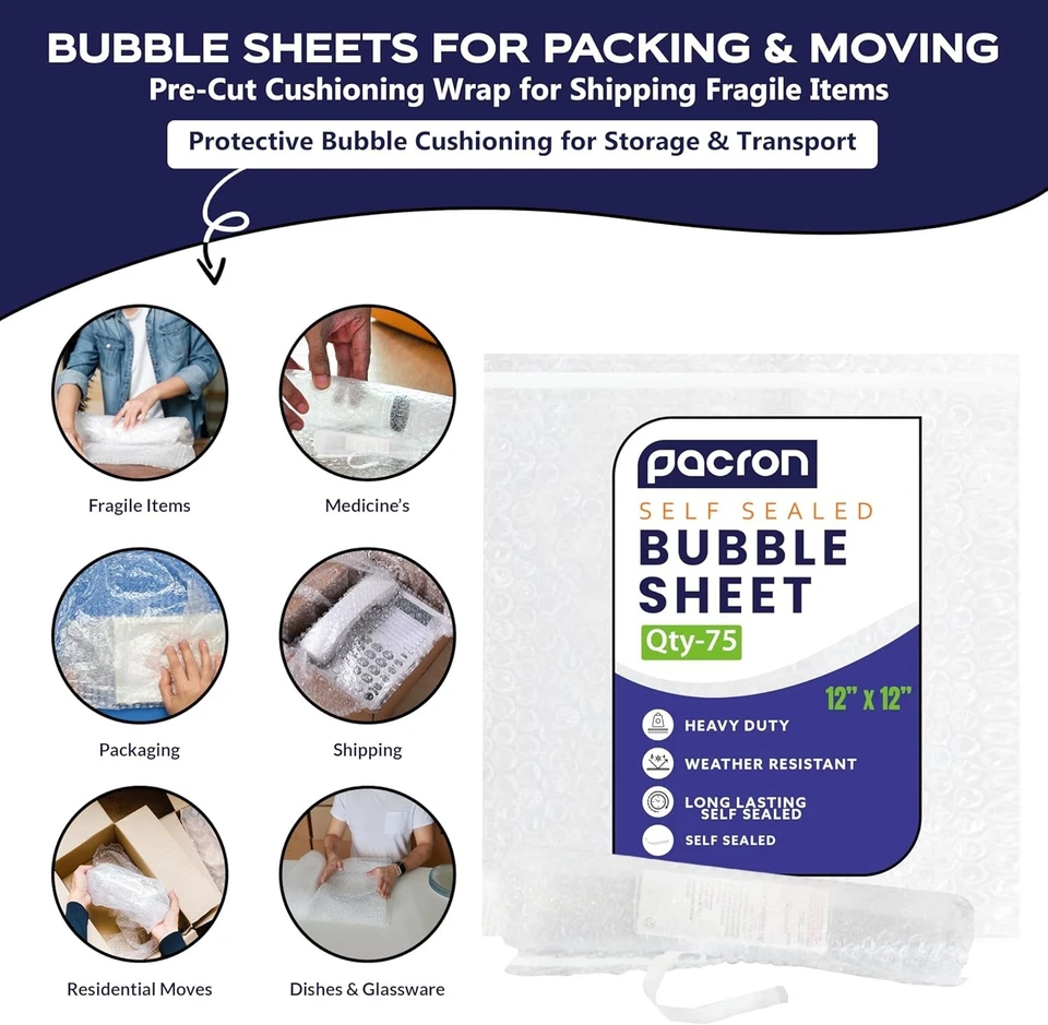 Bubble Sheets for Packing & Moving Supplies - 12"x12" Pre-Cut Cushioning Wrap - Image 2 of 4