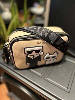 KARL LAGERFELD PARIS MAYBELLE CAT CROSSBODY CAMERA BAG BEIGE AND