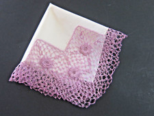 Vintage Irish Crochet Purple Trim and White Linen 13" x 13" Handkerchief Hankie