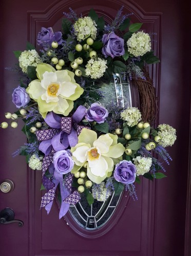 Summer Flower Door Wreath Magnolia Traditional Southern Style Decor Purple Rose - Picture 10 of 10