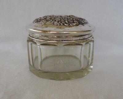 Antique Cut Glass Powder Jar Sterling Silver Lid Monogram FMC 1899 Clear Paneled