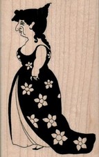 Lady In Flowered Dress 2 3/4 x 4 1/4" Rubber Stamp, People Stamp, Woman Stamp