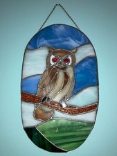 Vintage 1970's Handmade Hanging Stained-Glass Suncatcher Panel. 14.25" x 8.5".