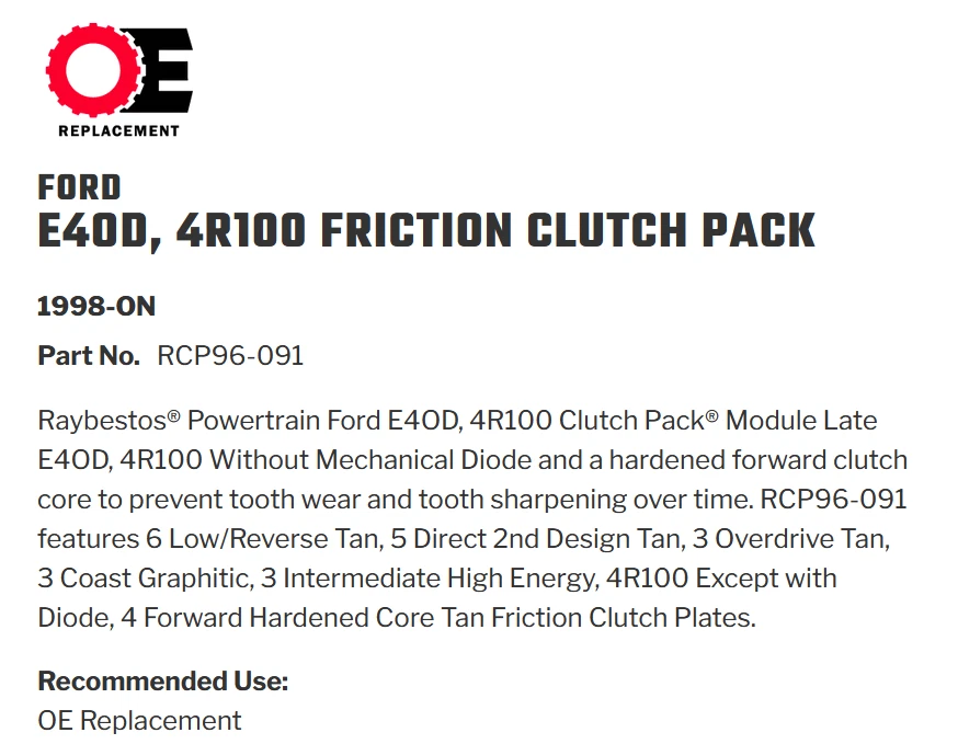 Kit de embrague de fricción de transmisión E4OD 4R100 1998-up Raybestos RCP96-091 Foto 3 de 3