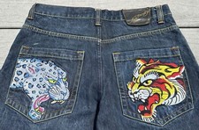 Ed Hardy Jeans Embroidered Y2k Wide Leg Distressed Mens 34x32 Tiger Jaguar Denim