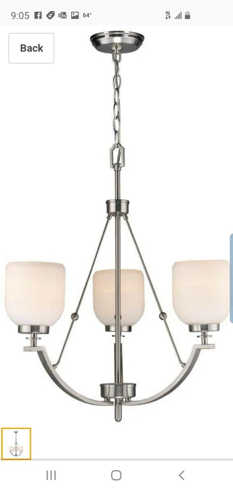 Lámpara de araña de níquel cepillado de 3 luces World Imports con pantalla de vidrio esmerilado blanco Foto 3 de 4