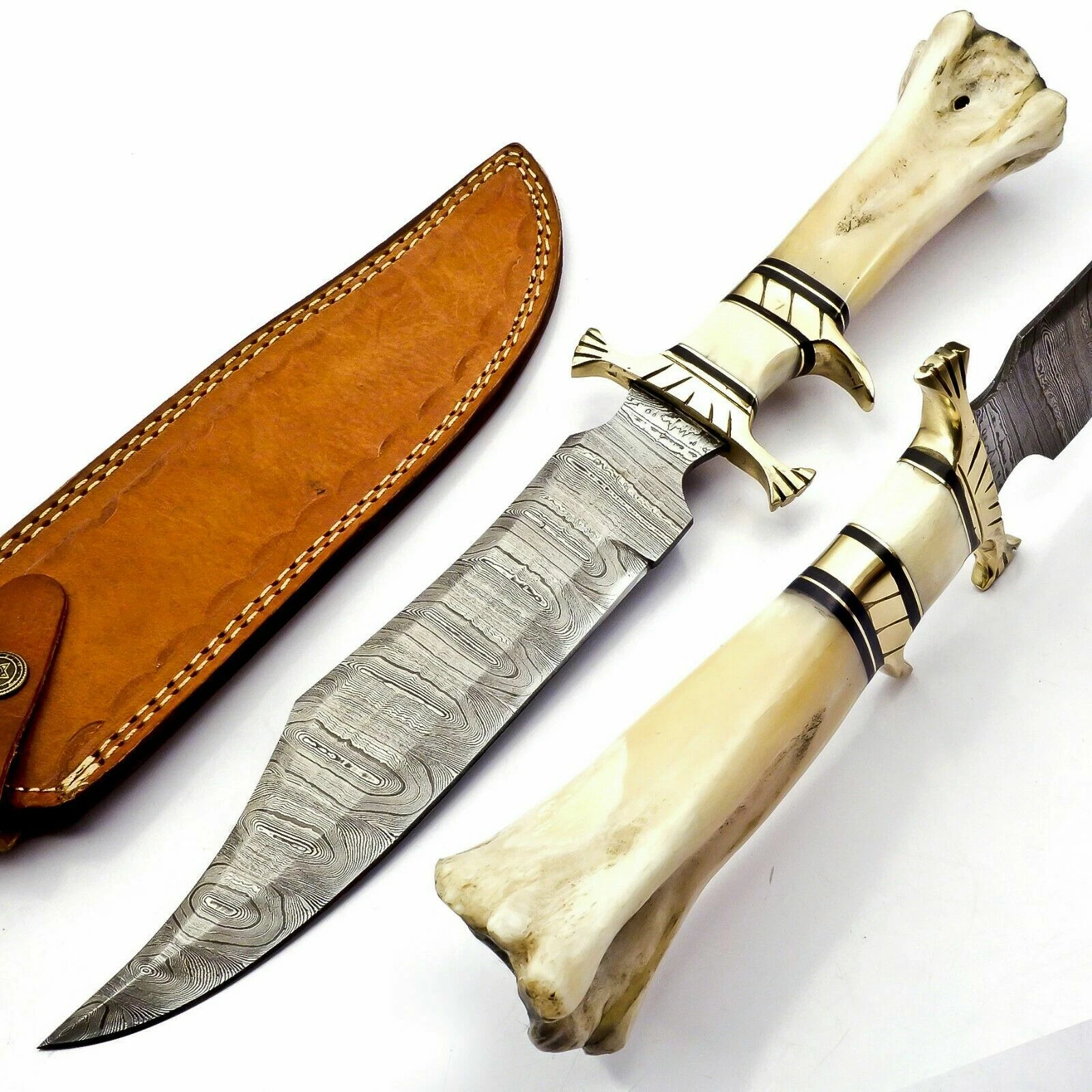 CUSTOM HANDMADE DAMASCUS STEEL HUNTING CAMPING BIG BOWIE KNIFE W CAMEL BONE mk