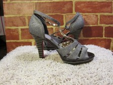 KENZIE BLACK  WHITE TWEED 4.5" HEELS ANKLE STRAP OPEN TOE SZ 8M 2372