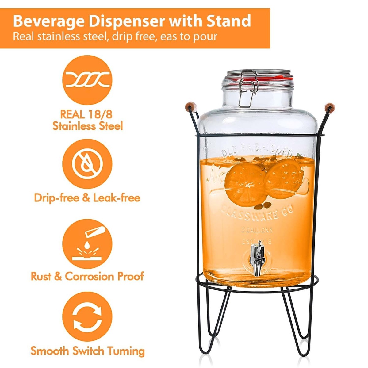 8L Glass Vintage Beverage Drinks Dispenser on Metal Stand Cocktail Jar