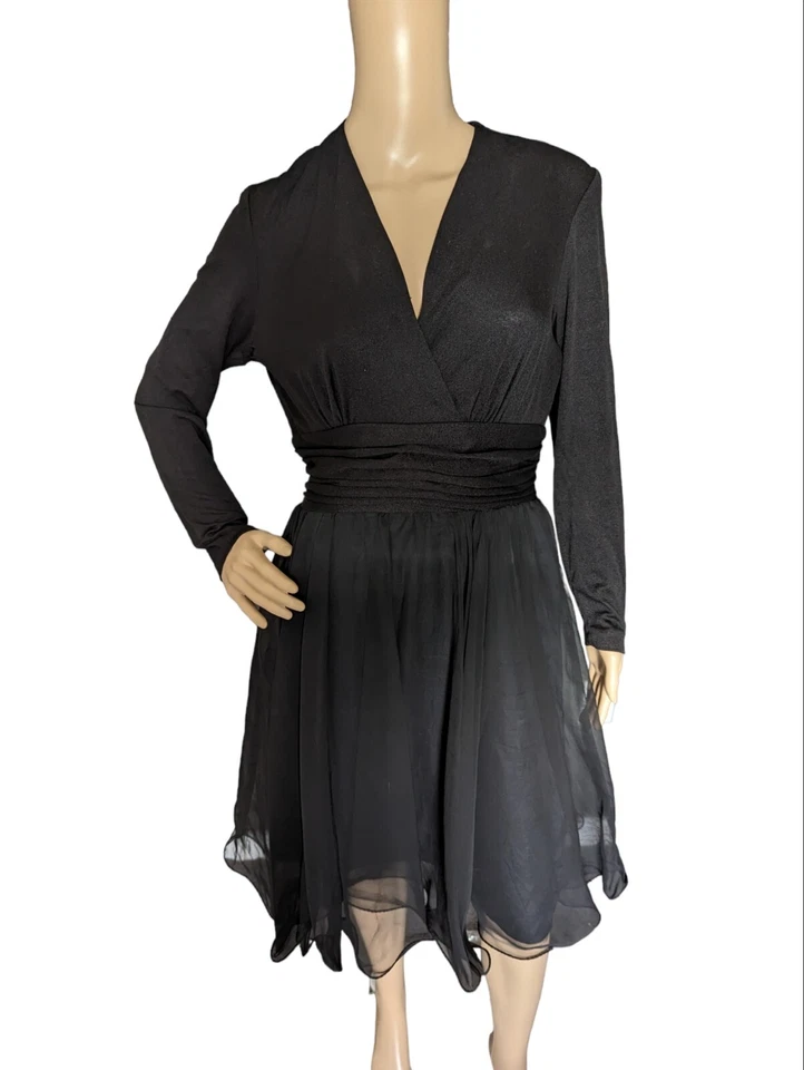 Vestido de fiesta discoteca vintage años 70 negro cuello en V de gasa superpuesto Foto 3 de 4