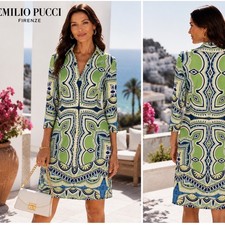 Emilio Pucci Dress Womens 36 Green Geometric Silk Jersey 3/4 Sleeve V-Neck Italy