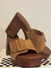 Womens Platform Chunky Heel Sandals Size 9 Tan Suede Slip On Mules NEW