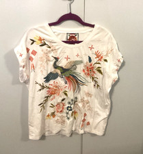 JOHNNY WAS Ceretti Relaxed T-Shirt PRETTY Floral Bird Embroidery Cotton Top Sz L