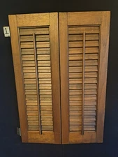 Wood Louver Plantation Window Shutters Vintage Almost 23" Tall Interior Hinged