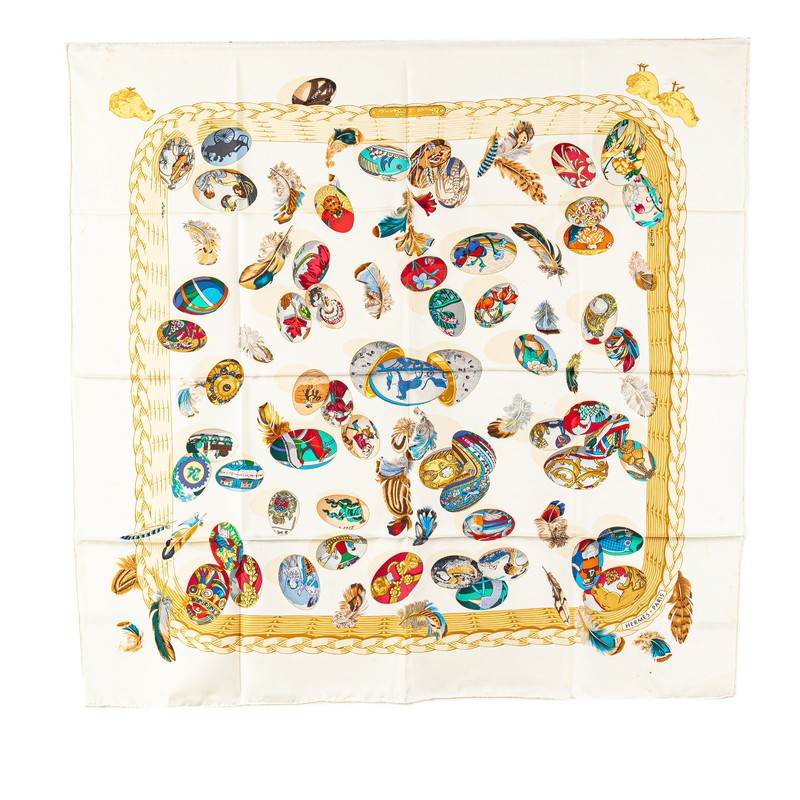 Hermes Carre 90 Couvee D'Hermes Silk Scarf White Multicolor Chicks Design for Women