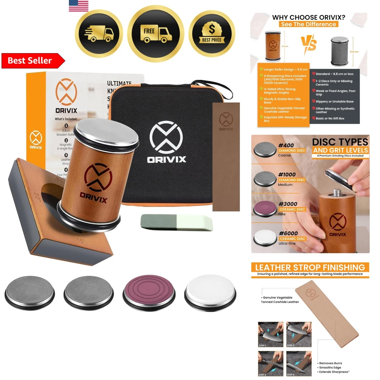 Knife Sharpener Kit with Diamond Ceramic Grit Discs Leather Strop Longer Roller