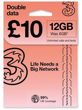 PrePaid Europe UK THREE sim card 12GB data 3000 minutes 3000 texts for 30...