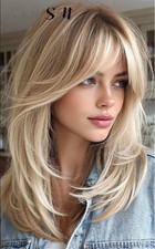 Human Hair New Fashion Layered Long Natural Golden Brown Wavy Women's Wigs 14in
