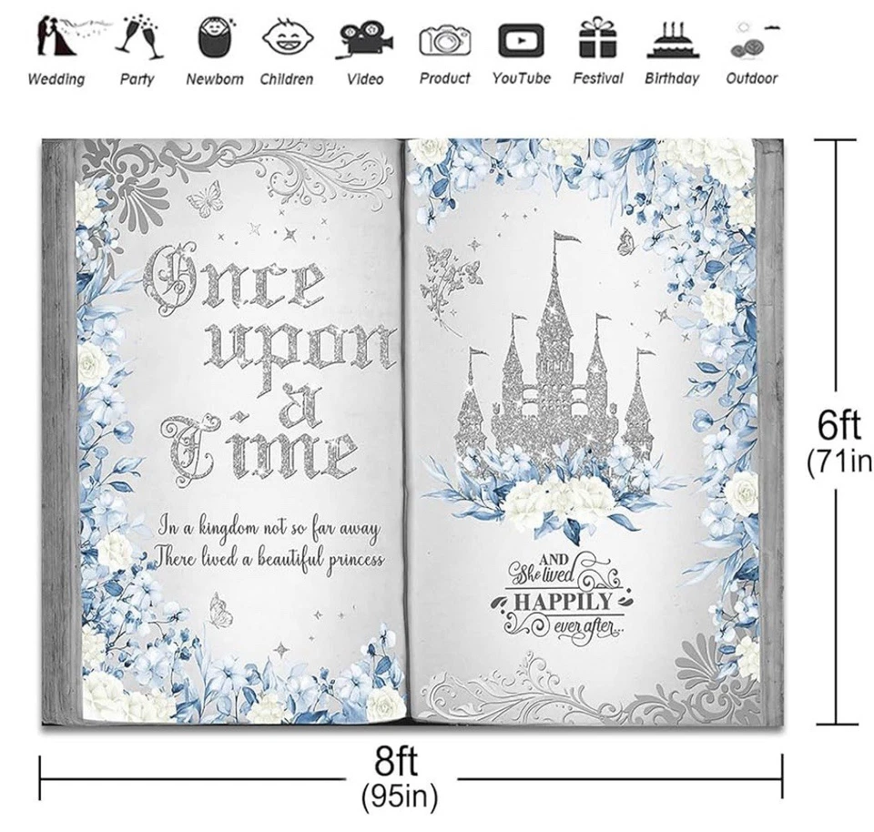 Érase una vez telón de fondo 8x6 pies azul y plata castillo princesa cuento libro Foto 2 de 4