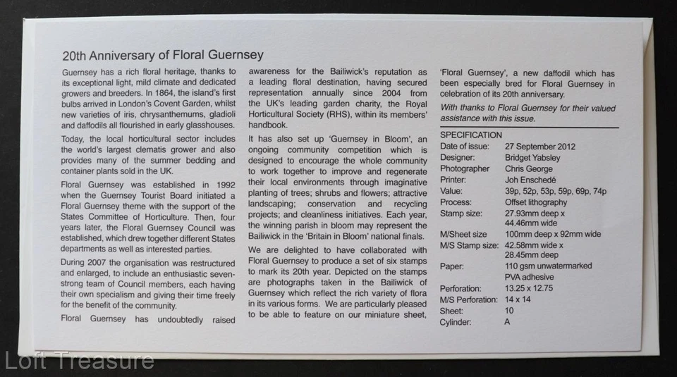 Guernsey Stamps: "Floral Guernsey - 20th Anniversary" First Day Cover 2012 - Image 3 of 3