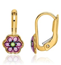 14K Solid Yellow Gold Flower Dangle Earrings