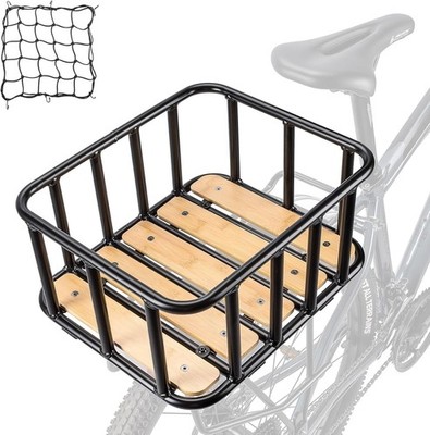 Bicycle Basket Rear Large Pannier Rack Basket with Wooden Floor Waterproof Mesh Basket