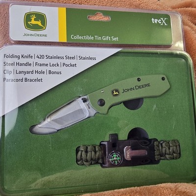 John Deere TecX Folding 420 Stainless Steel Knife in Collectible Tin Gift Set