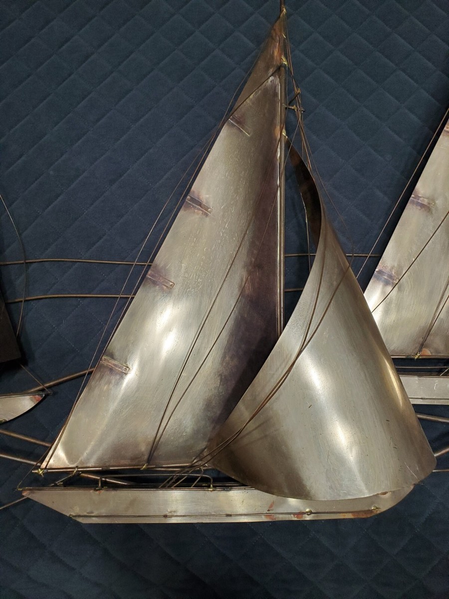 カーティスジェレ1987サイン入り彫刻c.jere ウォールスカルプチャーヨット C. Jere Sailboat Pier Metal Brass Wall Art Seagulls Dock