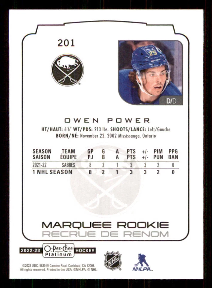 2022-23 O-Pee-Chee Platinum #201 Owen Power RC - Image 2 of 2