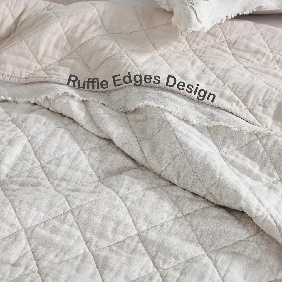 100% Linen Front/100% Cotton Back Quilt Set Queen Size, Beige Pre-Washed Europea - Image 4 of 4