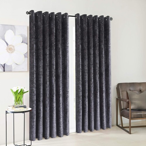 Luxury Fully Lined Eyelet Ring Top Ready Made Crushed Velvet Pair Of Curtains - Picture 14 of 19