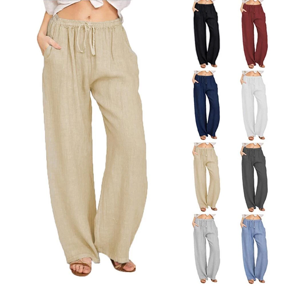 Plus Size Ladies Cotton Linen Casual Long Pants Womens Wide Leg