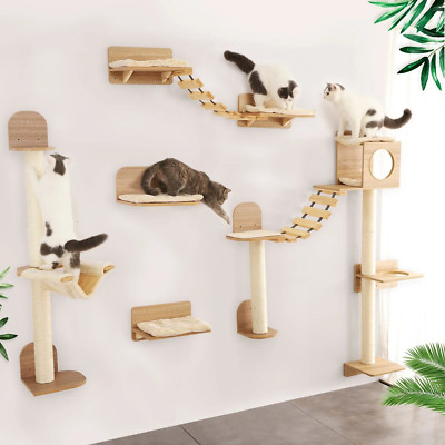 Wall Mounted Cat Climbing Rope Solid Wood Perches Sisal Scratching Indoor