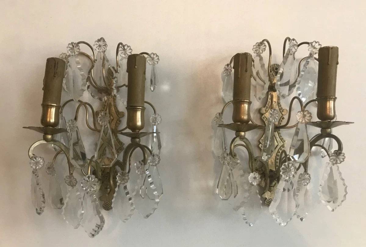 Lot De 2 Appliques Anciennes En Laiton Doré – Avec Pampilles Et Abat-jour, Made In France