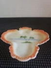 Vintage Hand Painted Milk Glass Trinket Dish Ruffled Palm Trees Island