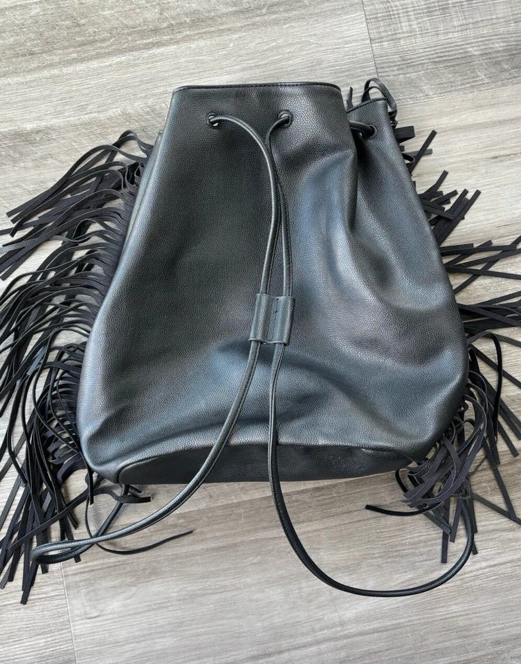 Victoria’s Secret Black Fringe Backpack Cinch Faux Leather - Image 3 of 4