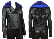 New Versace $8795 Black Leather Moto Jacket With Removable Double Mink Collar 40