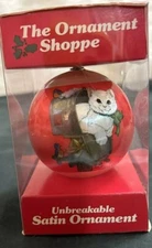 White Kitty Cat In Mailbox The Ornament Shoppe Red Satin Ball Christmas NIB 1980