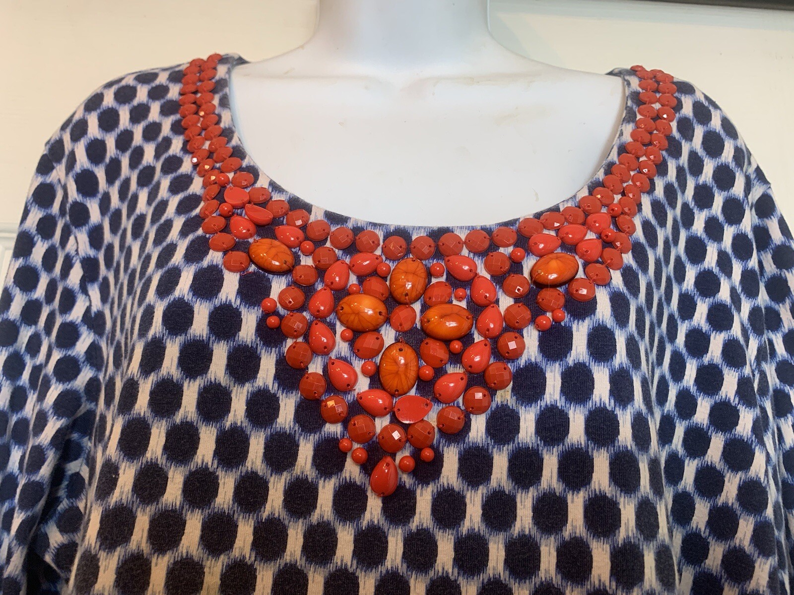 Ruby Rd Tunic Top Large Blue Dots/Red Beaded Neck… - image 5