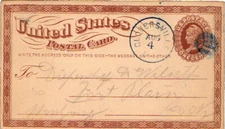 New York Gloversville c1875 blue cork killer  1c Brown Liberty Postal Card.