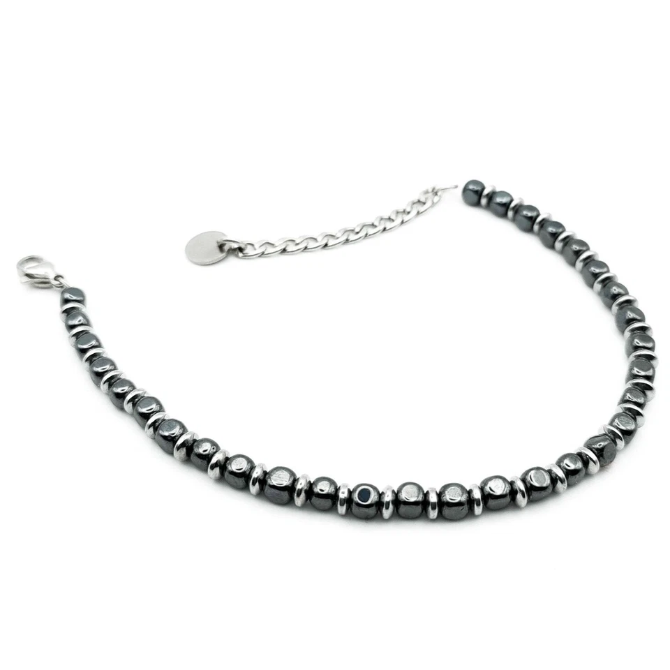 Bracciale Uomo Ematite Antracite e Argento in Acciaio Braccialetto Pietre Dure - Immagine 2 di 4