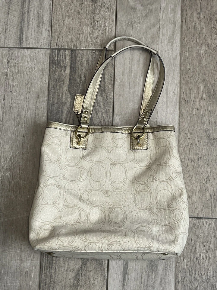 Coach Bolso de Mano de Hombro Cartera Bolso de Mano Tamaño Grande Multi Bolsillos Internos Beige Dorado Foto 2 de 2